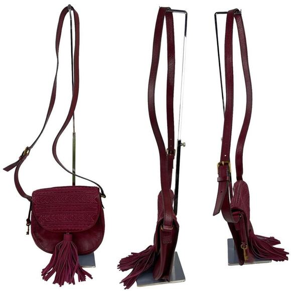 Fossil Emi Red Tassel Leather Saddle Crossbody Bag Color Wine - Picture 4 of 16